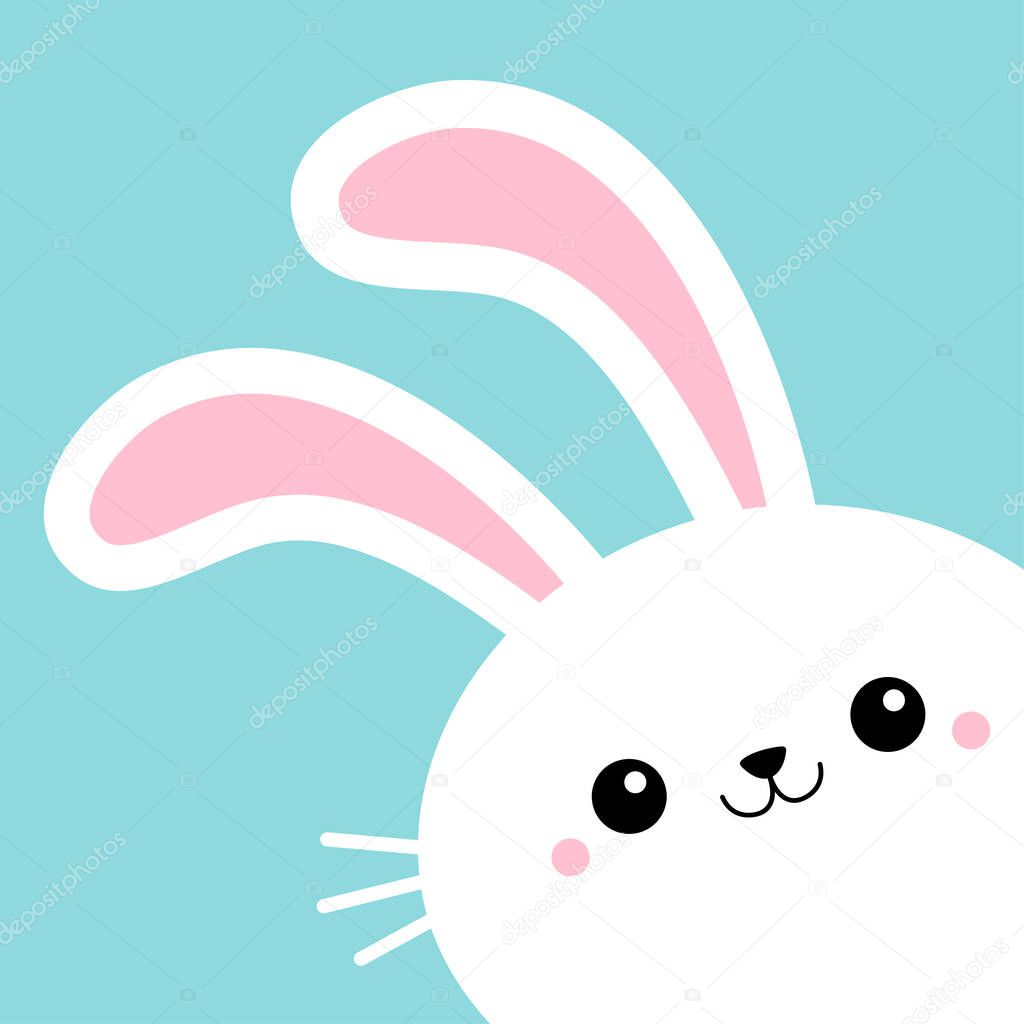 Bunny Rabbit Face Head In The Corner Happy Easter Cute Kawaii Cartoon Funny Smiling Baby Character White Farm Animal Flat Design Blue Background Isolated Vector Illustration Premium Vector In Adobe Illustrator