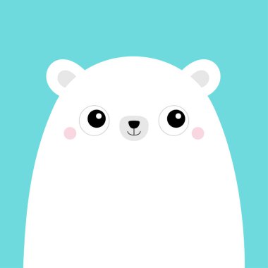 Beyaz kutup ayısı yavrusu surat. Tatlı çizgi film kawaii komik bebek karakteri. Kutup hayvanı. Merhaba kış. Mutlu noeller. - Mutlu yıllar. Düz dizayn. Merhaba kış. Mavi arka plan. Vektör illüstrasyonu