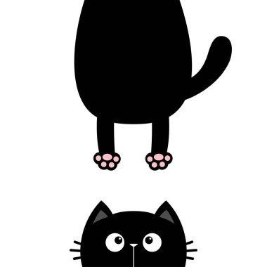 Kara kedi yukarı bakıyor. Komik surat silueti. Yağlı vücut pençe izi, kuyruk. Kawaii hayvanı. Bebek kartı. Defter kapağı. Sevimli çizgi film karakteri. Hayvan koleksiyonu. Düz. Mavi arka plan. Vektör