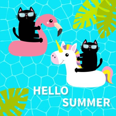 Beyaz flamingo tek boynuzlu at havuzunda yüzen kara kedi su çemberinde yüzüyor. Yüzme havuzu suyu. Merhaba Summer. Üst hava manzarası. Güneş gözlüğü. Palmiye yaprağı. Sevimli çizgi film insanı rahatlatıyor. Düz dizayn. Vektör