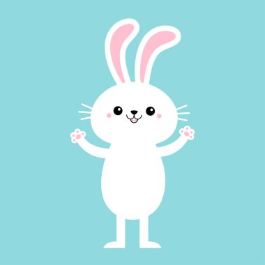 Tavşan tavşancık ayakta ve pençe izli elleri tutuyor. Tatlı çizgi film kawaii komik bebek karakteri. Mutlu Paskalyalar. Beyaz çiftlik hayvanı. Mavi arka plan. İzole edilmiş. Düz dizayn. Vektör illüstrasyonu