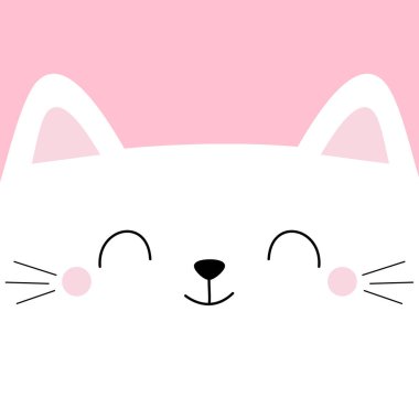 Beyaz kedi kafalı kare gözlü bir ikon. Not defteri kapağı için evcil hayvan bebek baskısı, tebrik kartı. Tatlı çizgi film kawaii komik karakter. Bıyık. Sevgililer Günün kutlu olsun. Düz dizayn. Pembe arka plan. Vektör