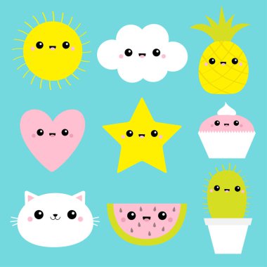 Bulut bulutları, güneş, ananas karpuz meyvesi, kalp, yıldız, kek, kedi, kaktüs ikonu seti. Yumuşak bulutları severim. Tatlı çizgi film kawaii gülen surat. Düz dizayn. Mavi arka plan. İzole Vektör