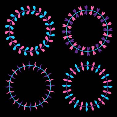 Yuvarlak çerçeveli çelenk. Çiçek yaprağı, kalp elementi. Mor, mor, pembe, mavi, neon renkli. Düz dizayn. Siyah arka plan. İzole edilmiş. Vektör illüstrasyonu