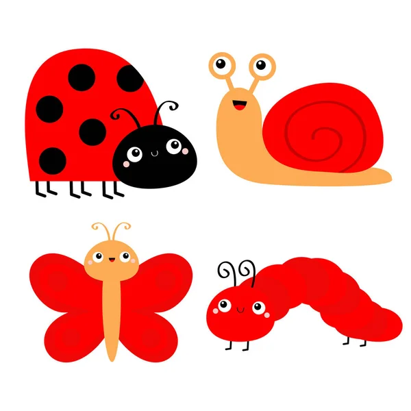 Red Insect Icon Set Butterfly Caterpillar Ladybug Ladybird Snail Lady — Stock Vector