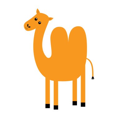 Deve simgesi. İki kambur. Sevimli çizgi film komik kawaii karakteri. Çöl hayvanı koleksiyonu. Bebek kıyafetleri, çocuklar not defteri kapağı baskısı. Turuncu renk. Beyaz arka plan. İzole edilmiş. Düz dizayn. Vektör