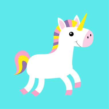 Tek boynuzlu at ikonu. Beyaz at atlıyor. Hayvanat bahçesi hayvanı. Çocuklar için eğitim kartları. Şirin çizgi film kawaii komik gülümseyen bebek karakteri. Düz dizayn. İzole edilmiş. Mavi arka plan. Vektör illüstrasyonu