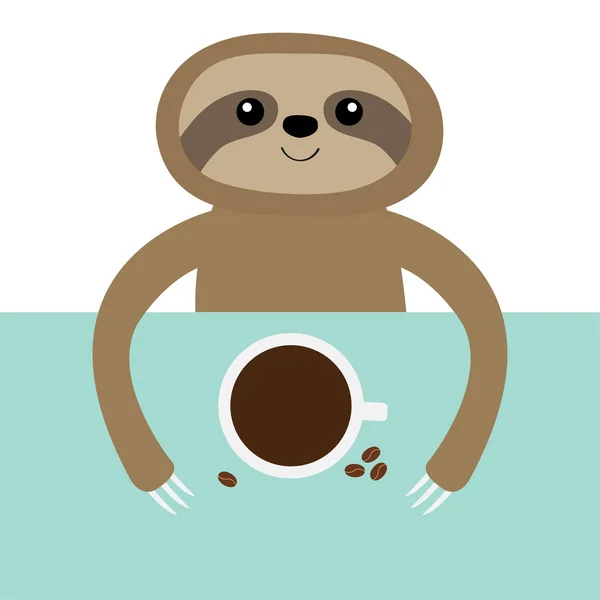 Sloth Tasse Café Thé Sur Table Mignon Dessin Animé Kawaii — Image vectorielle