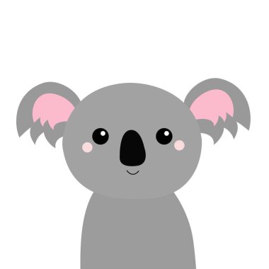 Koala ayı suratlı ikon. Tatlı çizgi film komik bebek karakteri. Kawaii hayvanı. Not defteri kapağı, tişört izi. Gri siluet. Tebrik kartı. Düz dizayn. Beyaz arka plan. Vektör