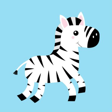 Zebra ikonu. Siyah çizgili at atlayışı. Tatlı çizgi film kawaii komik bebek karakteri. Not defteri kapağı, tişört izi. Hayvanat bahçesi hayvanı. Çocuklar için eğitim kartları. İzole edilmiş. Mavi arka plan. Düz dizayn. Vektör