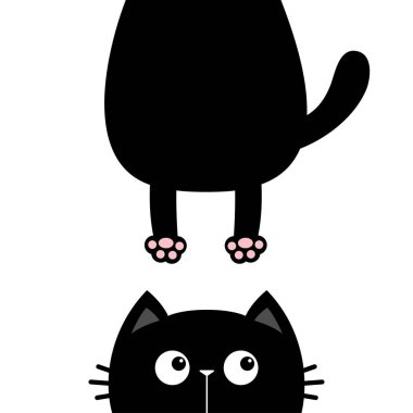 Kara kedi sağa bak. Komik surat silueti. Yağlı vücut pençe izi, kuyruk. Kawaii hayvanı. Bebek kartı. Defter kapağı. Sevimli çizgi film karakteri. Hayvan koleksiyonu. Düz. Mavi arka plan. Vektör
