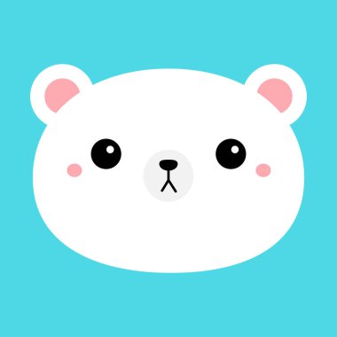 Beyaz ayı yavrusu yuvarlak yüz ikonu. Çizgi film komik bebek karakteri. Şirin kawaii hayvanı. Poster için çocuk baskısı, tişört bezi. Aşk kartı. İskandinav tarzı. Düz dizayn. Mavi arkaplan izole edilmiş vektör
