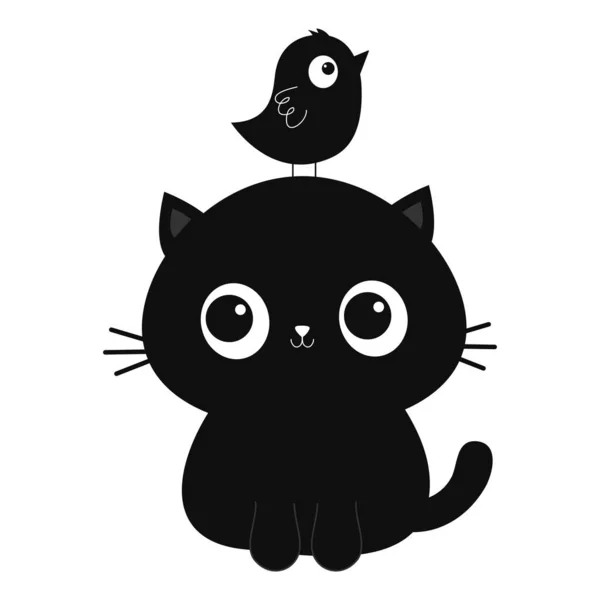 Schwarze Katzenkätzchen Silhouette Vogel Auf Dem Kopf Nette Comic Figur — Stockvektor