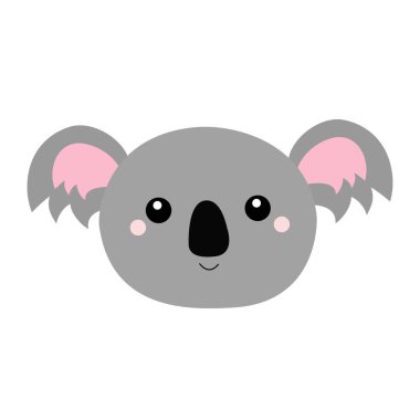 Koala ayısı oval yüz ikonu. Tatlı çizgi film komik bebek karakteri. Kawaii hayvanı. Not defteri kapağı, tişört izi. Gri siluet. Tebrik kartı. Düz dizayn. Beyaz arka plan. Vektör illüstrasyonu