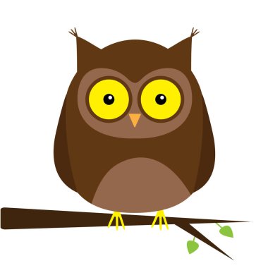 Ağaç dalında yapraklı baykuş. Büyük sarı gözler. Tatlı çizgi film kawaii komik bebek karakteri. Not defteri kapağı, tişört izi. Beyaz arka plan. İzole edilmiş. Düz dizayn. Vektör illüstrasyonu