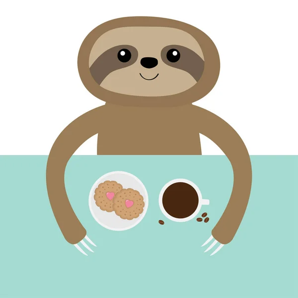 Sloth Biscuit Tasse Café Thé Sur Table Mignon Dessin Animé — Image vectorielle
