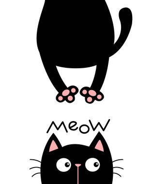 Kara kedi yukarı bakıyor. Miyav. Komik surat silueti. Yağlı vücut pençe izi, kuyruk. Kawaii hayvanı. Bebek kartı. Defter kapağı. Sevimli çizgi film karakteri. Hayvan koleksiyonu. Düz. Mavi arkaplan vektörü