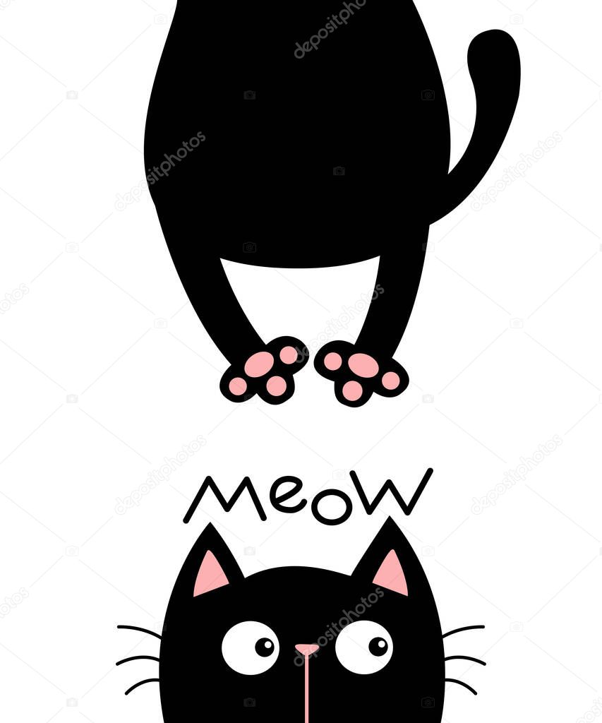 Black cat looking up. Meow. Funny face head silhouette. Hanging fat body paw print, tail. Kawaii animal. Baby card. Notebook cover. Cute cartoon character. Pet collection. Flat. Blue background Vector