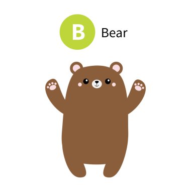 B harfi. Ayı. Hayvanat bahçesi hayvan alfabesi. Şirin kawaii çizgi filmiyle İngiliz alfabesi komik bebek hayvanlar. Çocuklar için eğitim kartları. İzole edilmiş. Beyaz arka plan. Düz dizayn. Vektör illüstrasyonu