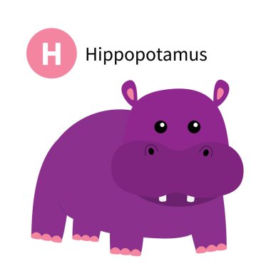 H. Hippopotamus harfi. Behemoth nehir atı. Hayvanat bahçesi hayvan alfabesi. Şirin kawaii çizgi filmiyle İngiliz alfabesi komik bebek hayvanlar. Çocuklar için eğitim kartları. İzole edilmiş. Beyaz arka plan. Düz dizayn. Vektör