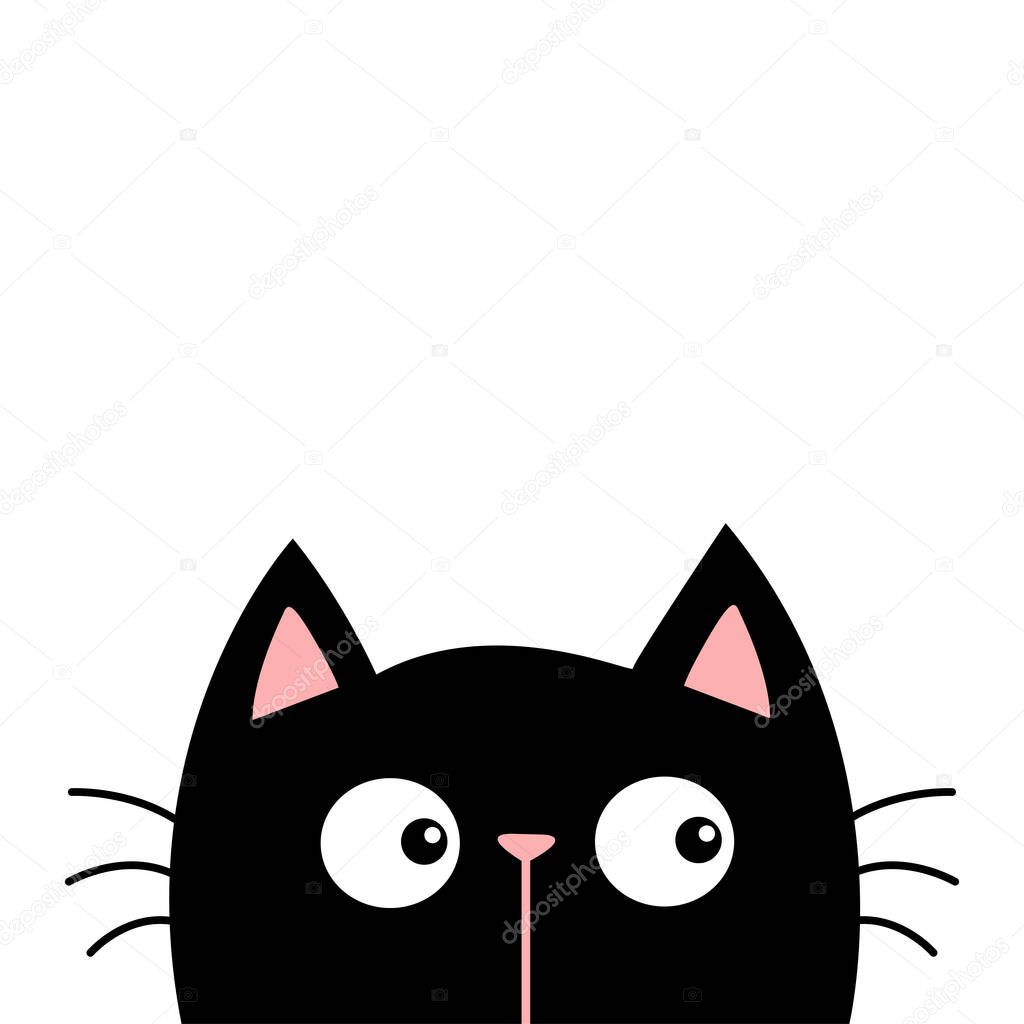 Black kitten cat head face. Kawaii baby pet animal. Cute cartoon character. Pink ears, nose. Scandinavian style. Notebook cover, tshirt, greeting card print. Flat design. White background. Vector