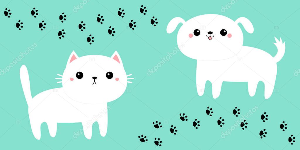 White cat kitten kitty dog puppy icon set. Paw print track. Cute kawaii cartoon funny character. Baby greeting card tshirt sticker template. Happy Valentines Day. Blue background. Flat design. Vector