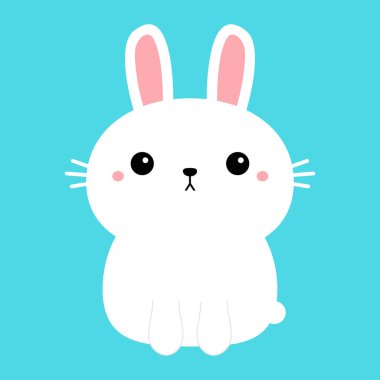 Beyaz tavşan, tavşan ikonu. Sevimli komik surat. Kawaii çizgi film karakteri. Pembe yanaklar. Sevgililer Günün kutlu olsun. Bebek tebrik kartı şablonu. Defter kapağı, tişört. Mavi arka plan. Düz dizayn. Vektör