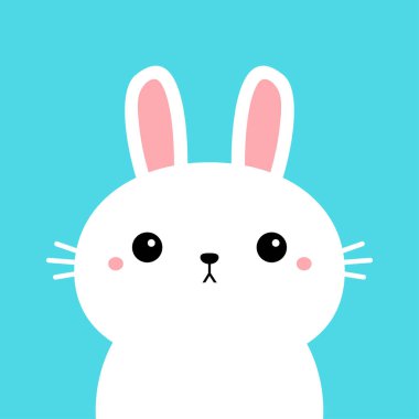 Beyaz tavşancık. Kawaii çizgi film karakteri. Sevimli komik surat. Pembe yanaklar. Sevgililer Günün kutlu olsun. Bebek tebrik kartı şablonu. Defter kapağı, tişört. Mavi arka plan. Düz dizayn. Vektör