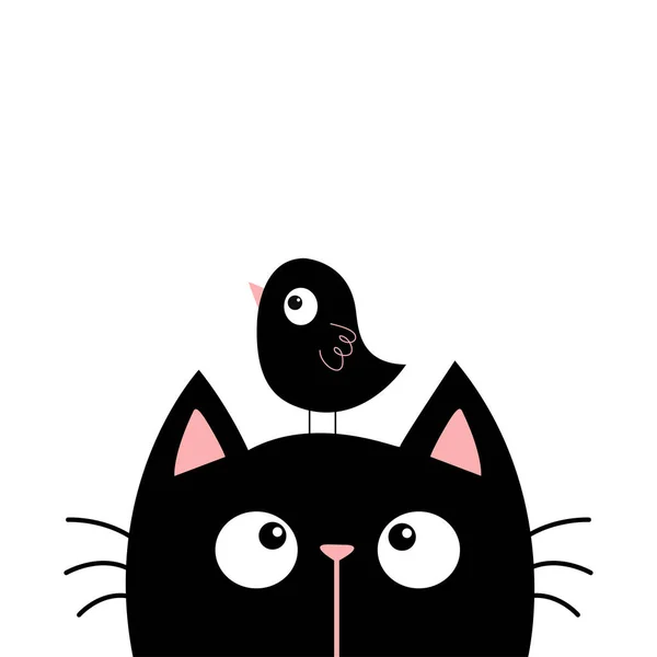 Zwarte Kat Kitten Gezicht Hoofd Kijken Naar Grappige Vogel Leuke — Stockvector