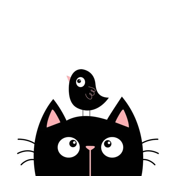 Black Cat Kitten Face Head Looking Funny Bird Cute Cartoon — Stock Vector