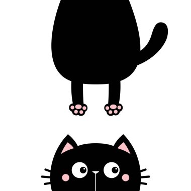 Kedi yavrusu çıkartması. Komik surat silueti. Yağlı vücut pençe izi, kuyruk. Kawaii hayvanı. Bebek kartı. Defter kapağı. Sevimli çizgi film karakteri. Hayvan koleksiyonu. Düz. Mavi arka plan. Vektör
