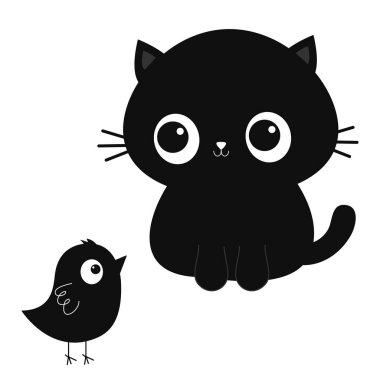 Kara kedi yavrusu kuşa bakıyor. Sevimli çizgi film komik karakteri. Kawaii yavru hayvan. Defter kapağı, tişört, tebrik kartı baskısı. İskandinav tarzı. Düz dizayn. Beyaz arka plan. İzole edilmiş. Vektör