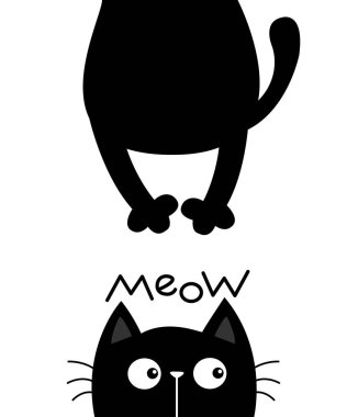 Kara kedi yukarı bakıyor. Miyav. Komik surat silueti. Kawaii hayvanı. Şişman vücut pençe, kuyruk asılı. Bebek kartı. Defter kapağı. Sevimli çizgi film karakteri. Hayvan koleksiyonu. Düz. Mavi arka plan. Vektör