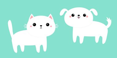 Beyaz kedi yavrusu köpek yavrusu ikonu seti. Şirin kawaii çizgi film karakteri. İskandinav tarzı. Bebek tebrik kartı tişört etiketi şablonu. Sevgililer Günün kutlu olsun. Mavi arkaplan Düz Tasarım Vektörü
