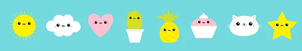 Nuage Paysage Nuageux Soleil Ananas Étoile Cœur Cupcake Chat Jeu — Image vectorielle