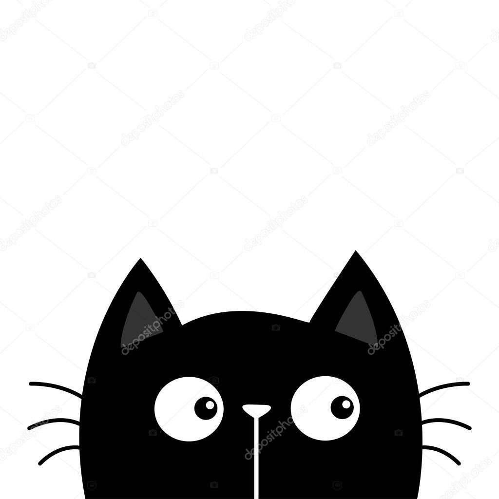 Black kitten cat head face looking at left sight. Kawaii baby pet animal. Cute cartoon character. Scandinavian style. Notebook cover, tshirt, greeting card print. Flat design. White background. Vector