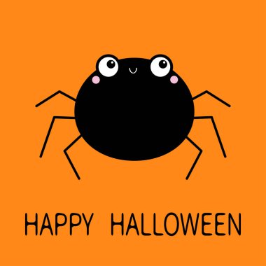 Mutlu Cadılar Bayramı. Örümcek. Siyah siluet simgesi. Şirin çizgi film kawaii çocukları yavru hayvan karakteri. Gülen komik böcek. Büyük gözler. Düz dizayn. İzole edilmiş. Turuncu arka plan. Vektör illüstrasyonu