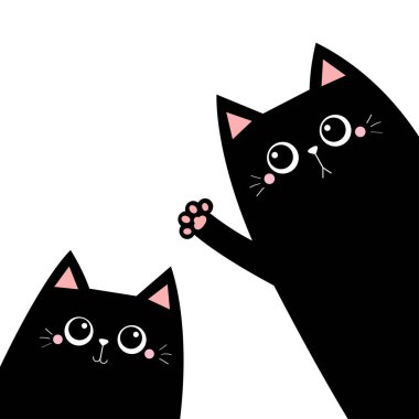 Kedi seti. Siyah siluet. El sallıyorum. Pembe pençe izi. Şirin çizgi film kawaii komik üzgün surat karakteri. Evcil bebek koleksiyonu. Defter kapağı. Düz dizayn. İskandinav tarzı. Beyaz arka plan. Vektör