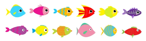 Rybia Ikona Ustawiona Linia Cute Kawaii Kreskówki Kolorowe Zwierzęta Akwarium — Wektor stockowy