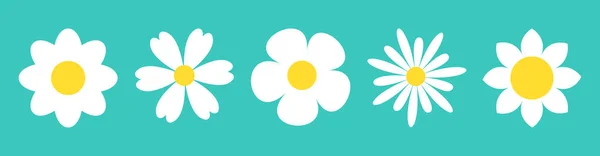 カモミールセットライン 白いデイジーカモミールアイコン かわいい丸い花の植物の自然コレクション 愛のカードのシンボル 成長する概念 装飾要素 フラットデザイン 緑の背景 隔離されてる ベクトル — ストックベクタ