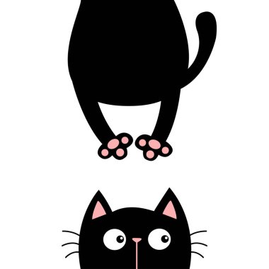 Kara kedi. Komik surat silueti. Yağlı vücut pençe izi, kuyruk. Kawaii hayvanı. Bebek kartı. Defter kapağı. Sevimli çizgi film karakteri. Hayvan koleksiyonu. Düz. Beyaz arka plan. Vektör illüstrasyonu