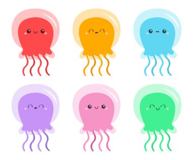 Altı denizanası ikonu seti. Tatlı çizgi film kawaii komik bebek karakteri. Pembe yeşil mavi mor renk. Gülen surat. Deniz hayvanı. Çocuk tişörtü, defter kapağı baskısı. Beyaz arka plan. Düz dizayn. Vektör