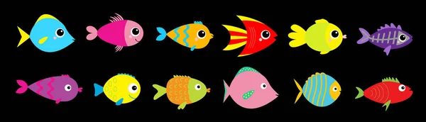 魚のアイコンセットライン かわいい漫画かわいいカラフルな水族館の動物 赤ちゃんの子供のコレクション 隔離されてる 黒の背景 フラットデザイン ベクターイラスト — ストックベクタ