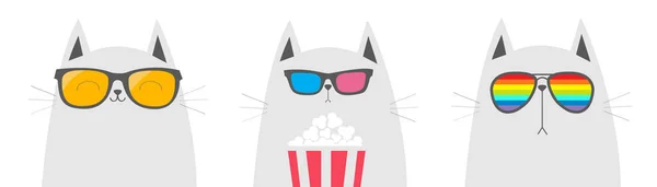 猫的集合 吃爆米花电影院 有趣的卡通人物 电影放映 小猫穿着3D眼镜 太阳镜 彩虹眼镜看电影 白色背景 孤立无援平面设计 — 图库矢量图片