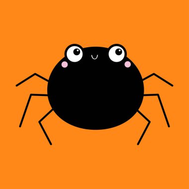 Örümcek. Siyah siluet simgesi. Mutlu Cadılar Bayramı. Şirin çizgi film kawaii çocukları yavru hayvan karakteri. Gülen komik böcek. Büyük gözler. Düz dizayn. İzole edilmiş. Turuncu arka plan. Vektör illüstrasyonu