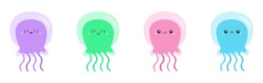Denizanası suratlı ikon çizgisi. Tatlı çizgi film kawaii komik bebek karakteri. Pembe, yeşil, mor, parlak renk. Deniz hayvanı. Çocuk tişörtü, defter kapağı baskısı. Beyaz arka plan. Düz dizayn. Vektör