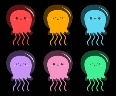 Altı denizanası ikonu seti. Tatlı çizgi film kawaii komik bebek karakteri. Pembe yeşil mavi mor renk. Gülen surat. Deniz hayvanı. Çocuk tişörtü, defter kapağı baskısı. Siyah arka plan. Düz dizayn. Vektör