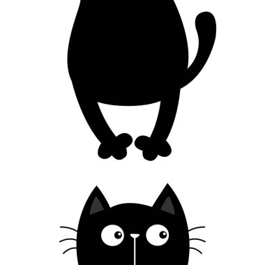 Kara kedi. Komik surat silueti. Kawaii hayvanı. Şişman vücut pençe, kuyruk asılı. Bebek kartı. Defter kapağı. Sevimli çizgi film karakteri. Hayvan koleksiyonu. Düz. Beyaz arka plan. Vektör illüstrasyonu
