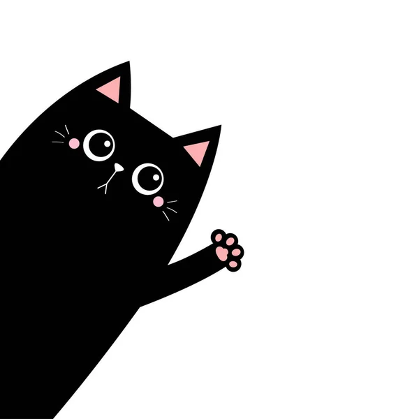 Black Cat Silhouette Waving Hand Pink Paw Print Cute Cartoon — Stock Vector