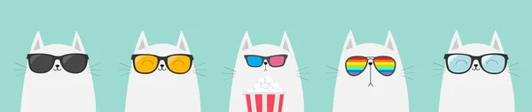 Conjunto Gato Branco Comer Pipoca Cinema Teatro Caricatura Bonito Engraçado —  Vetores de Stock